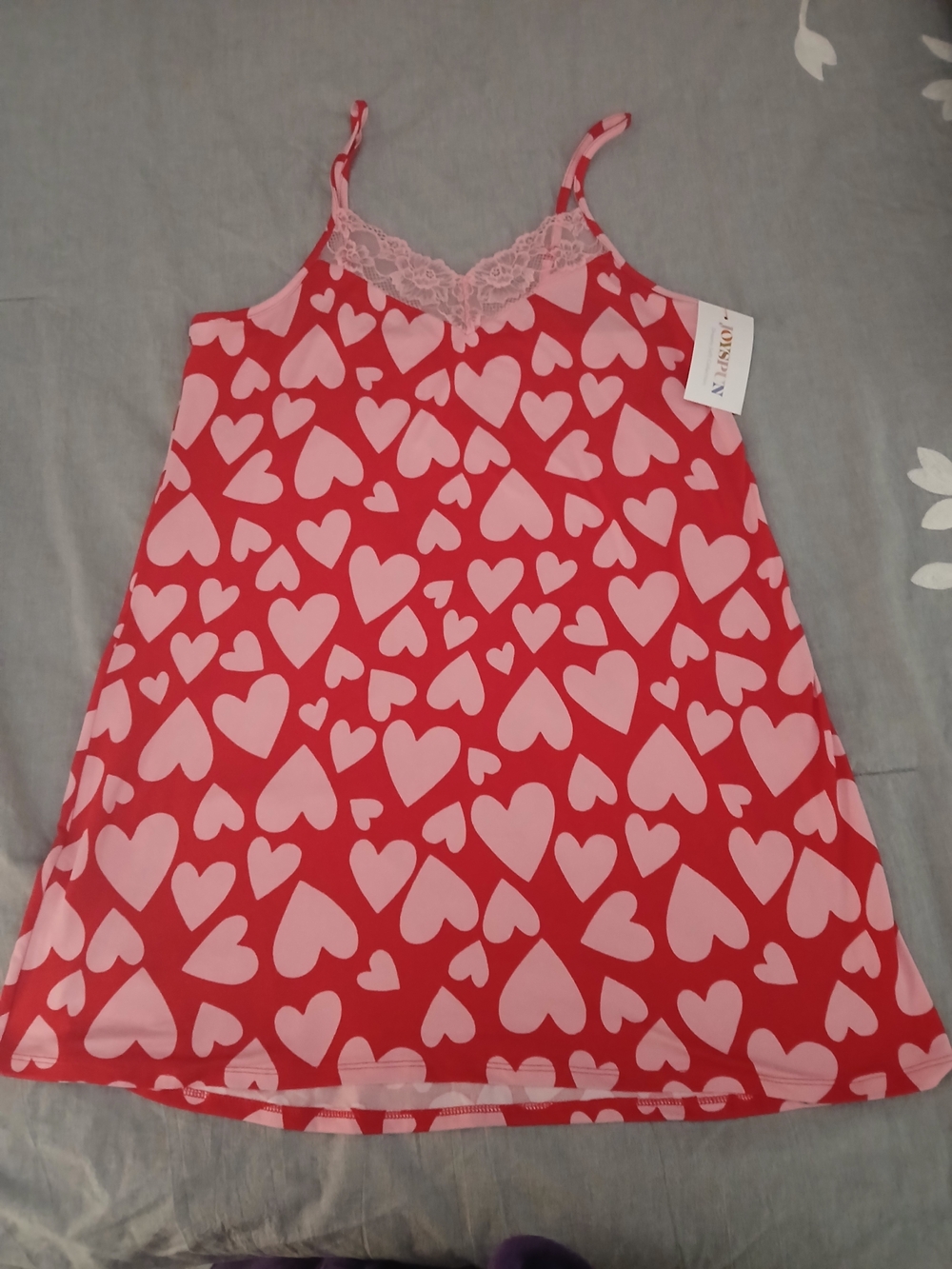Heart-Print Lace-Trim Chemise in Red and Pink